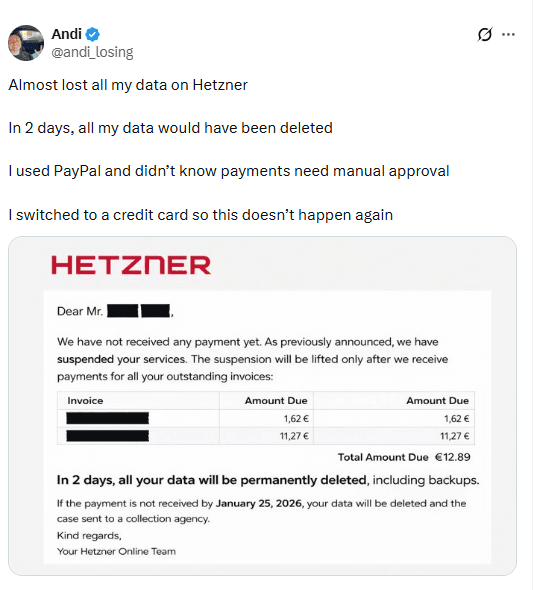 Tweet about almost losing all data on Hetzner due to missed payment email